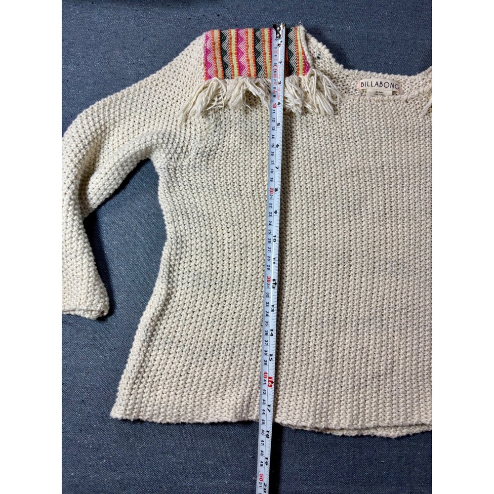 Billabong Cream Cotton Knit Fringe Sweater Boho Southwestern Embroidered Large - Picture 5 of 7